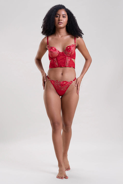 Rose Red Embroidered Longline Bra and Thong Set