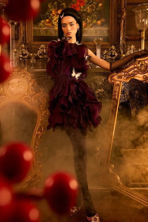 Purple Rosette Ruffle Dress With Belt
