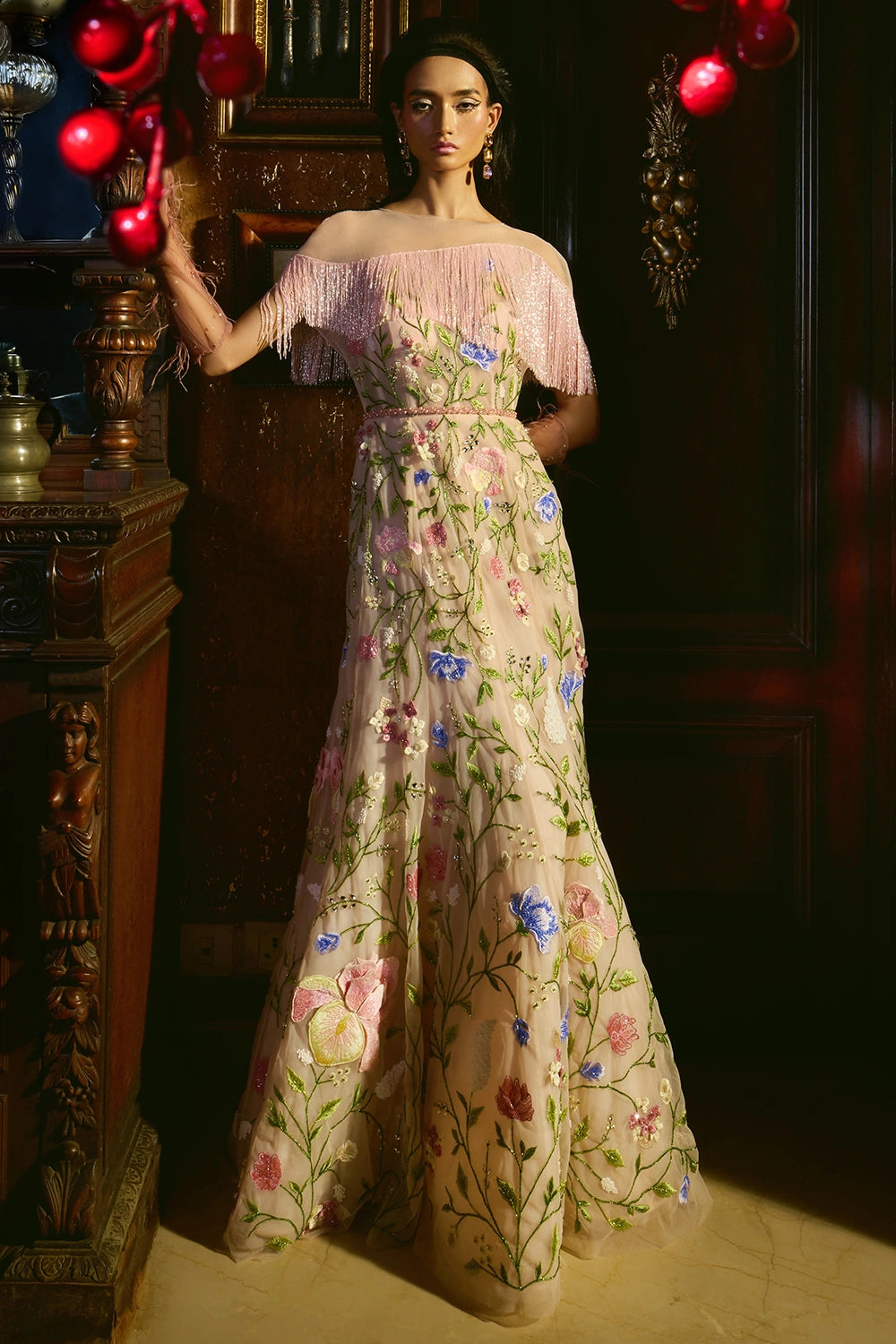 Floral Bridal Fringe Gown With Belt