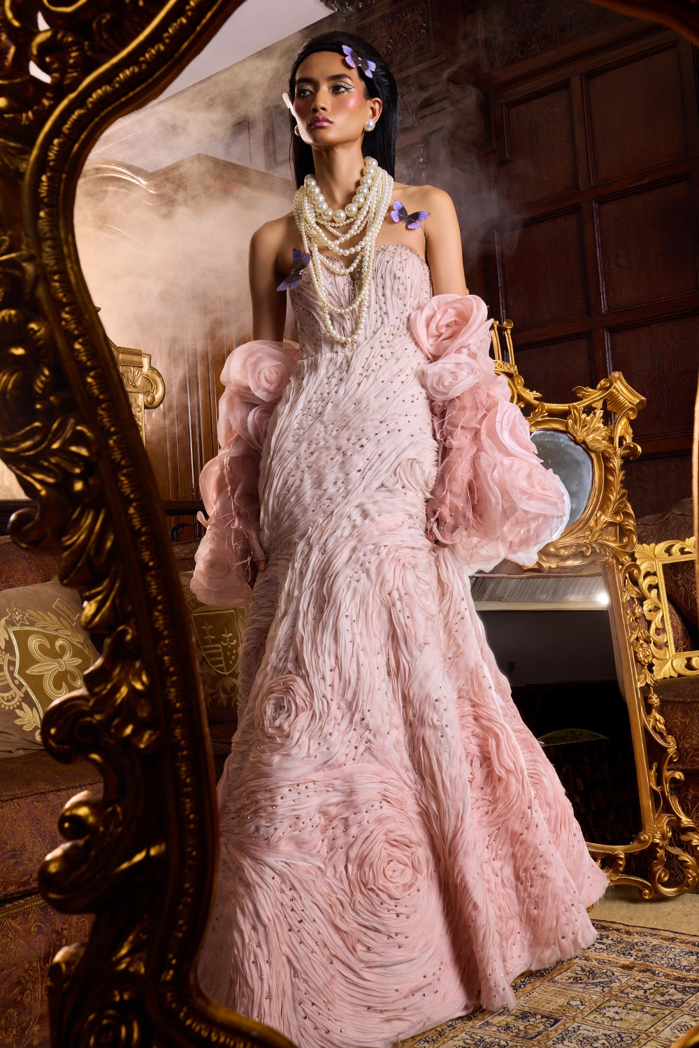 Ombre Textured Gown With 3D Flower Cape