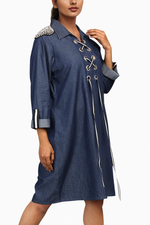 Denim Cotton Dress With Embroidery