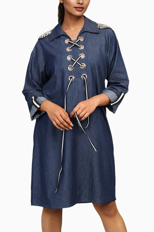 Denim Cotton Dress With Embroidery