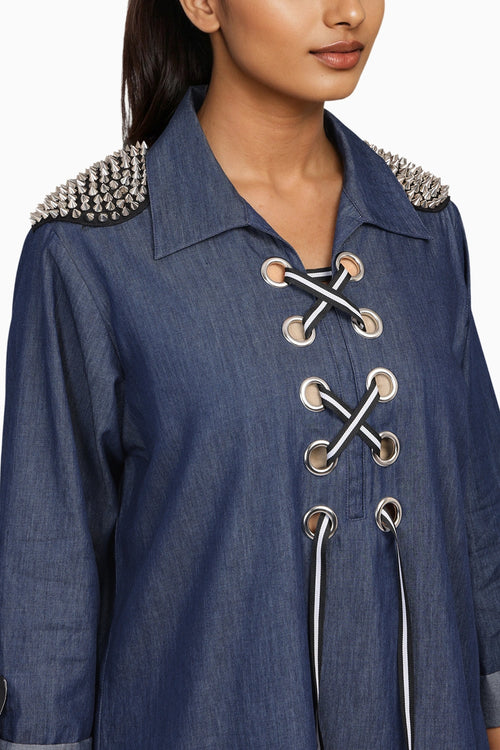 Denim Cotton Dress With Embroidery