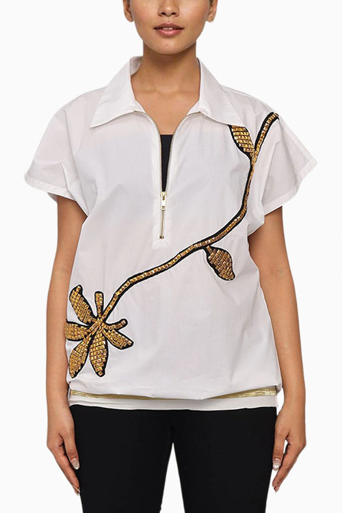 White Cotton Bomber Shirt With Embroidery