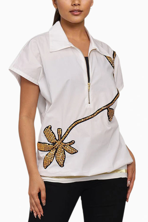 White Cotton Bomber Shirt With Embroidery