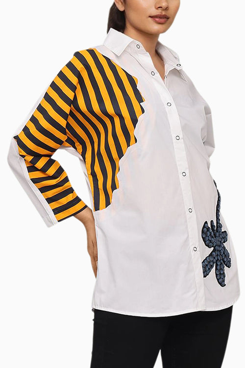 White And Stripe Combo Cotton Shirt With Embroidery