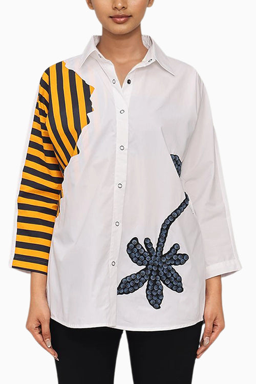 White And Stripe Combo Cotton Shirt With Embroidery