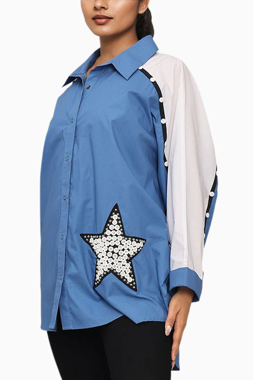 Blue Cotton Poncho Shirt With Embroidery