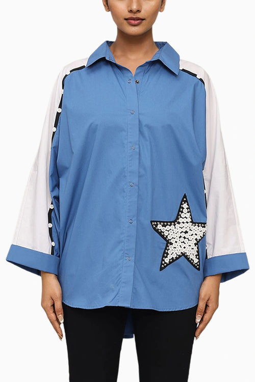 Blue Cotton Poncho Shirt With Embroidery
