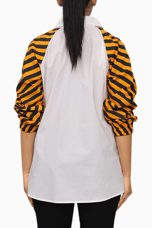 White Cotton Shirt With Contrast Sleeves And Embroidery