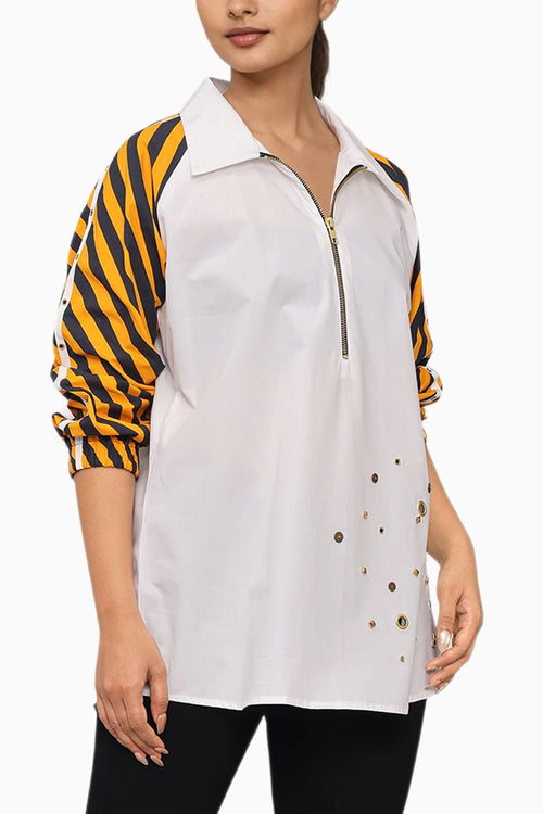 White Cotton Shirt With Contrast Sleeves And Embroidery