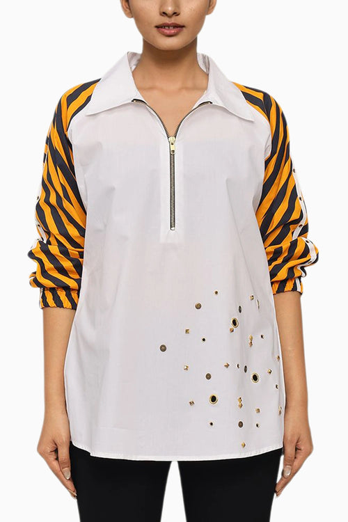 White Cotton Shirt With Contrast Sleeves And Embroidery