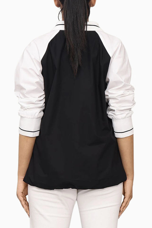 Black And White Cotton Bomber Shirt With Embroidery