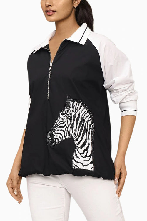 Black And White Cotton Bomber Shirt With Embroidery