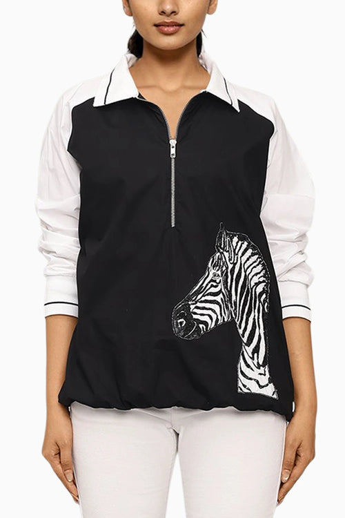 Black And White Cotton Bomber Shirt With Embroidery