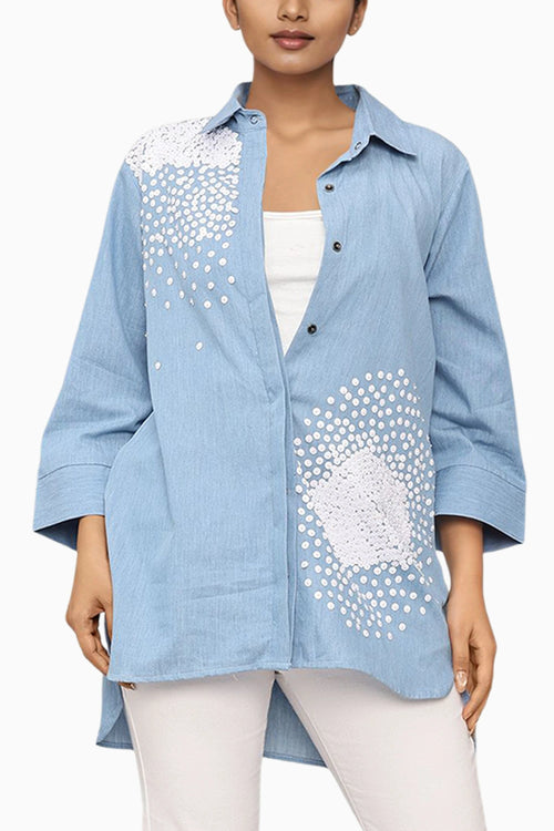 Blue Cotton Denim High Low Shirt With Embroidery