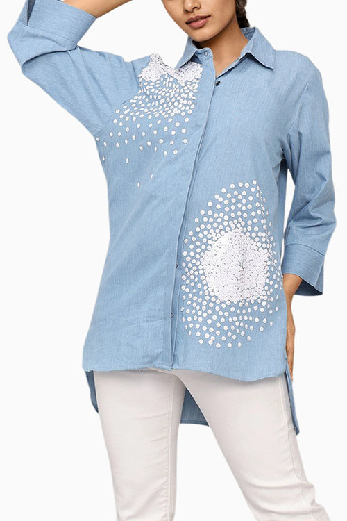 Blue Cotton Denim High Low Shirt With Embroidery