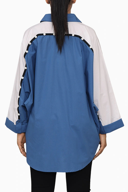 Blue Cotton Poncho Shirt With Embroidery