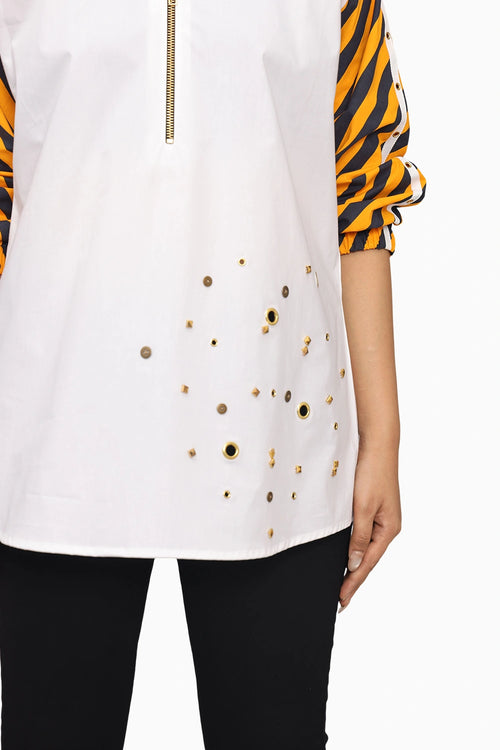 White Cotton Shirt With Contrast Sleeves And Embroidery