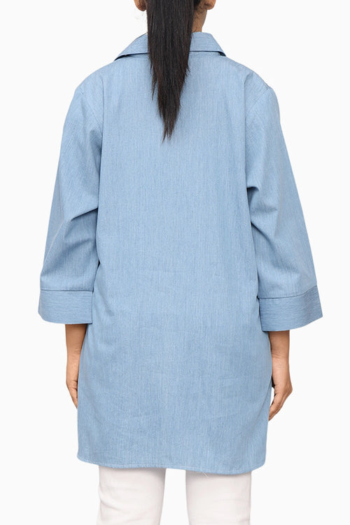Blue Cotton Denim High Low Shirt With Embroidery