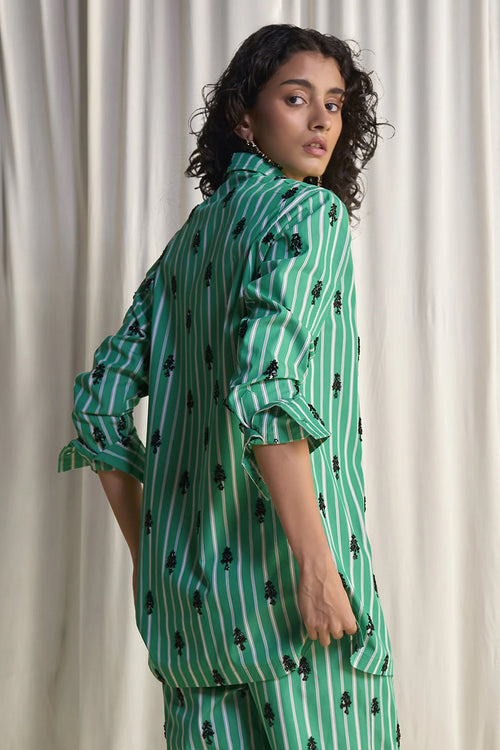 Motif Bead Embroidered Stripe Shirt