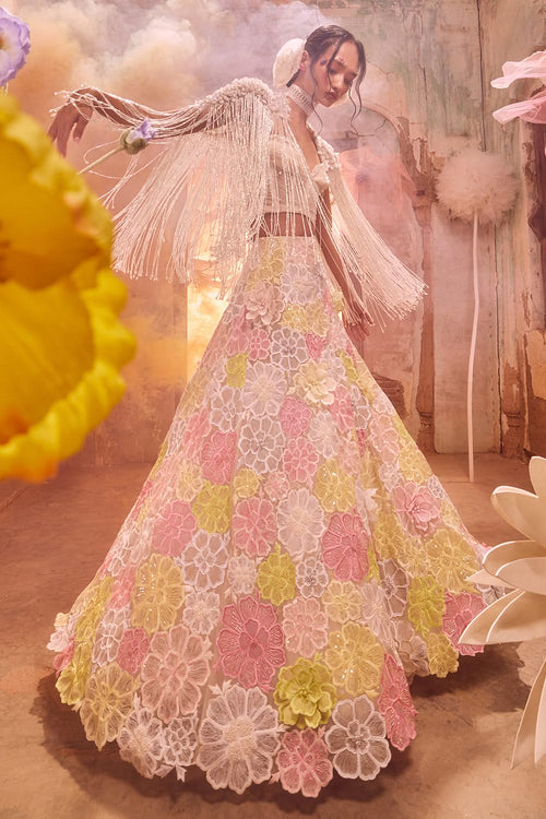 Multicolor Lehenga with Beaded Corset and Fringe Cape