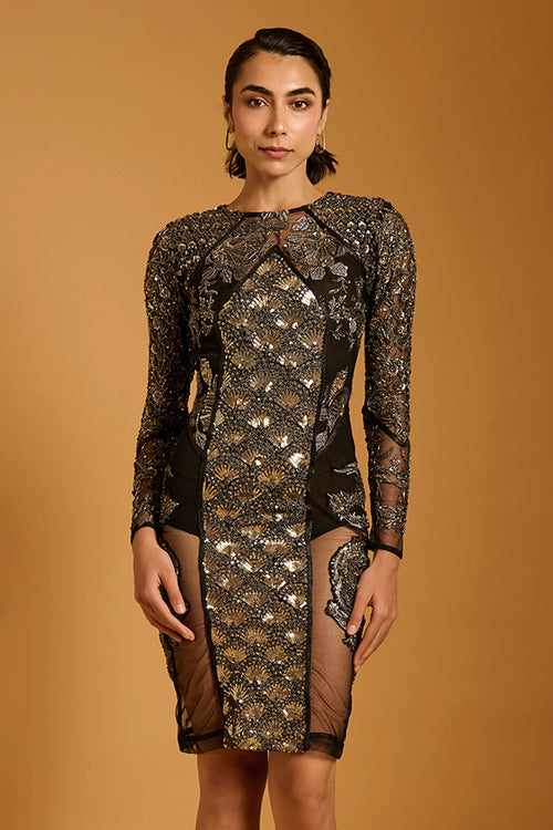 Trifecta Black-Gunmetal Sheer Dress