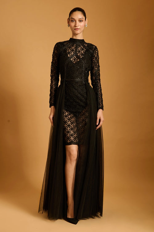 Trifecta Black Lattice Sheer Dress