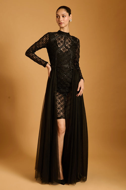 Trifecta Black Lattice Sheer Dress