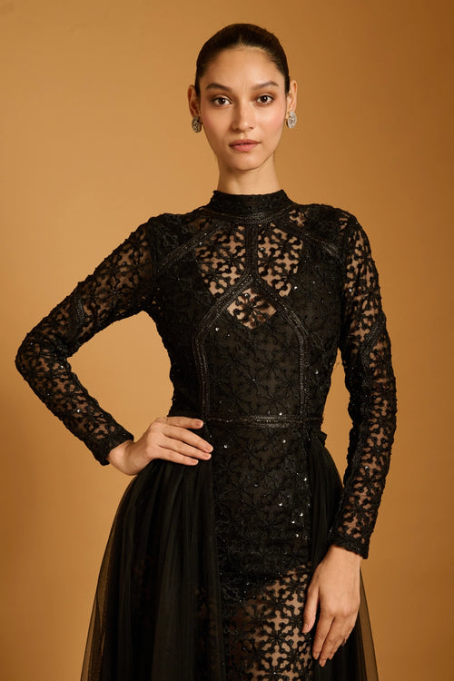 Trifecta Black Lattice Sheer Dress