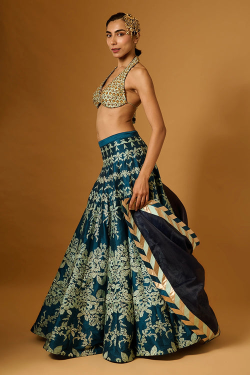 Trifecta Teal-Aqua Threadwork Crystal Lehenga