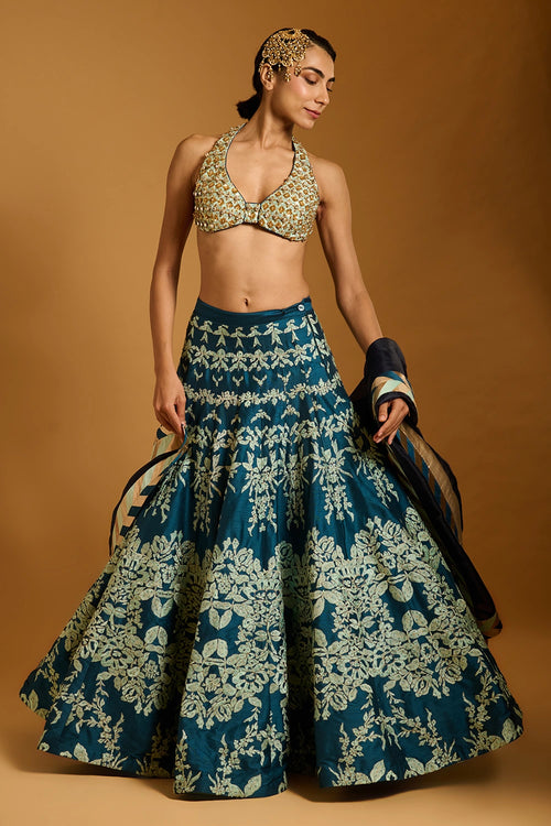 Trifecta Teal-Aqua Threadwork Crystal Lehenga