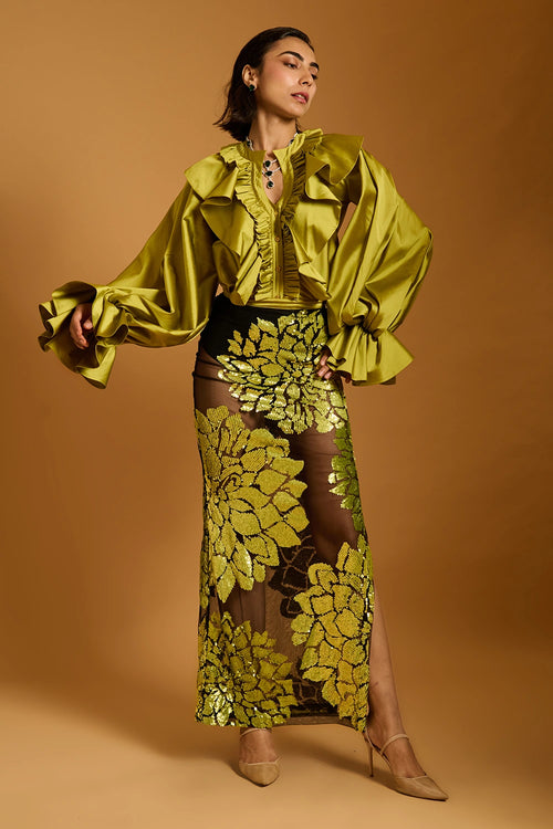 Trifecta Black-Acid Green Floral Sheer Skirt