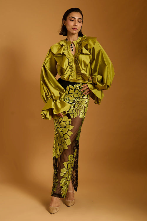 Trifecta Black-Acid Green Floral Sheer Skirt