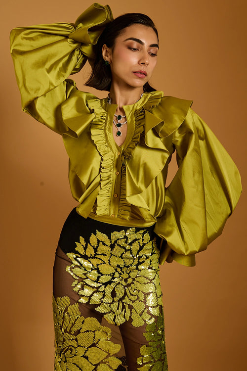 Trifecta Black-Acid Green Floral Sheer Skirt