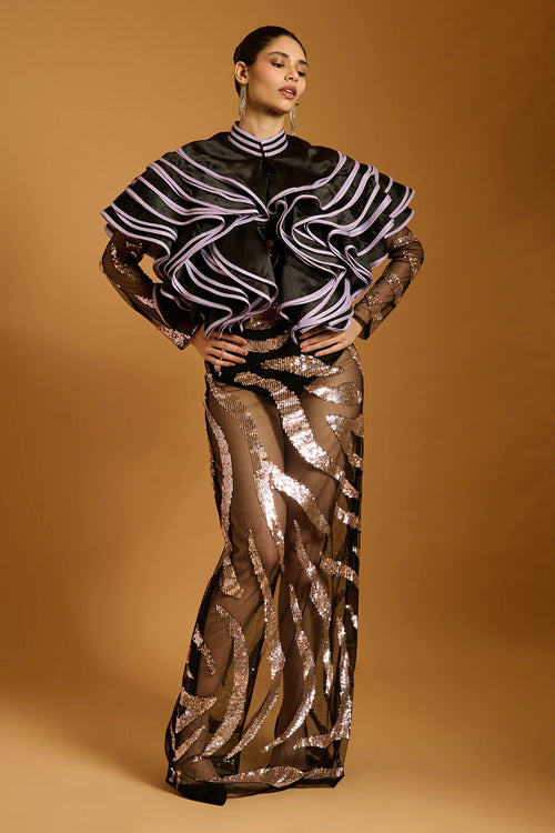 Trifecta Black-Lavender Zebra Sheer Gown