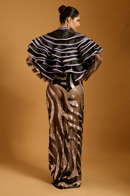 Trifecta Black-Lavender Zebra Sheer Gown