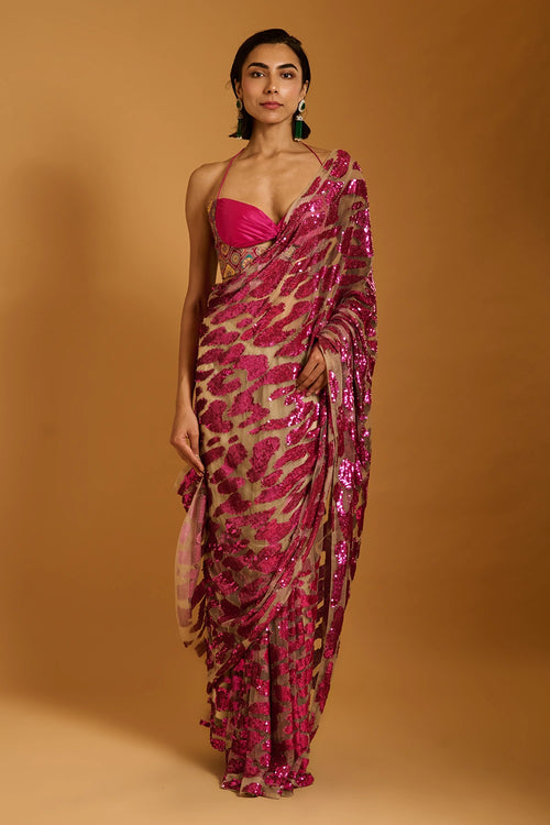 Trifecta Fuchsia Cheetah Saree