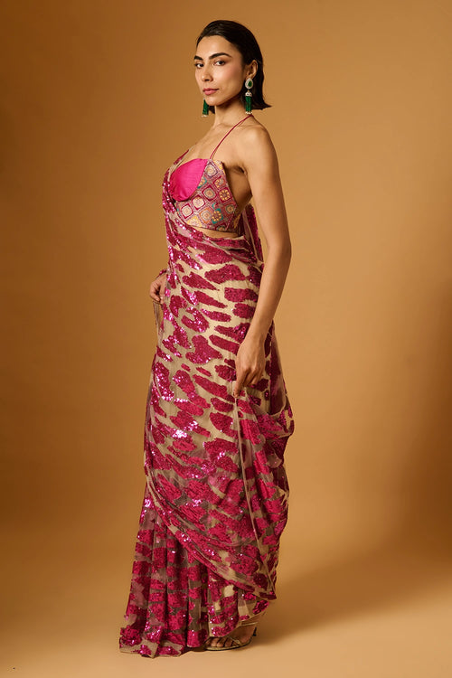 Trifecta Fuchsia Cheetah Saree