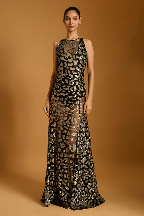 Trifecta Black Cheetah Sheer Gown