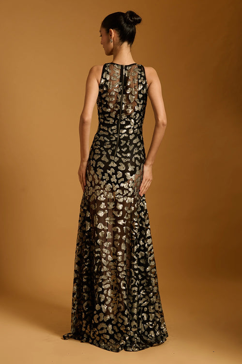 Trifecta Black Cheetah Sheer Gown