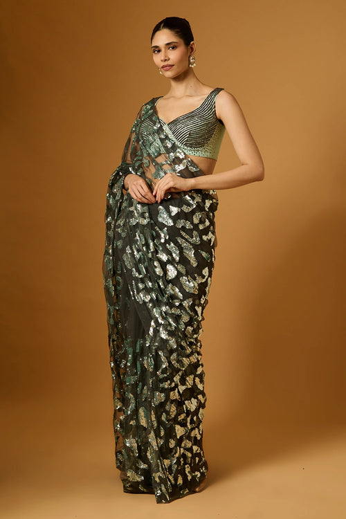 Trifecta Charcoal-Aqua Cheetah Saree