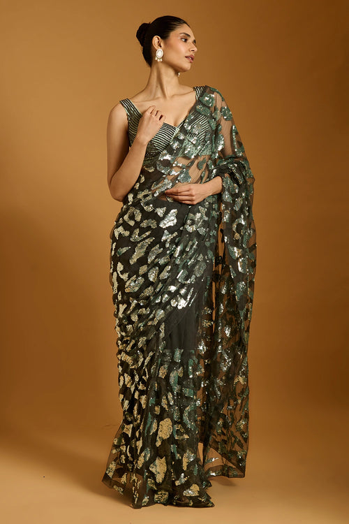 Trifecta Charcoal-Aqua Cheetah Saree