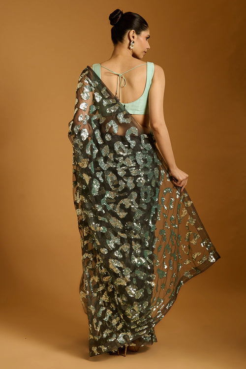 Trifecta Charcoal-Aqua Cheetah Saree