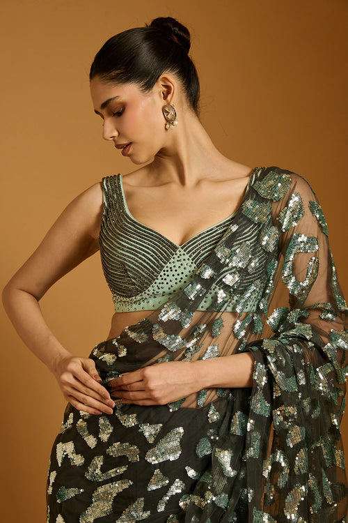 Trifecta Charcoal-Aqua Cheetah Saree