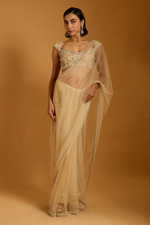 Trifecta Beige Necklace Saree