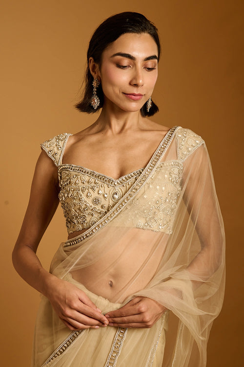 Trifecta Beige Necklace Saree