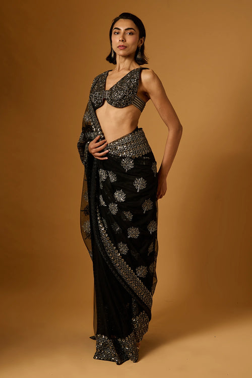 Trifecta Black-Gunmetal Sequin Bootie Saree