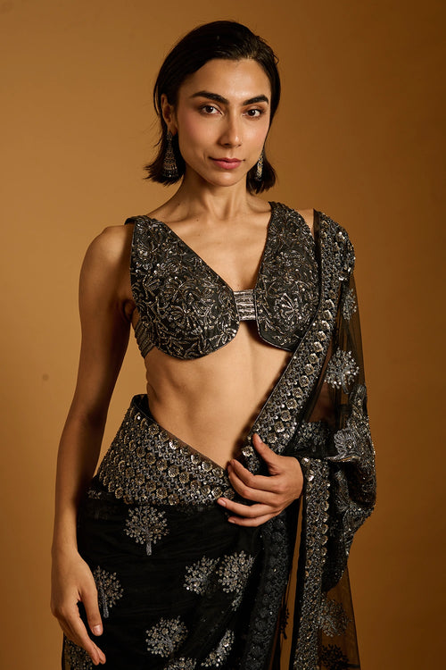 Trifecta Black-Gunmetal Sequin Bootie Saree