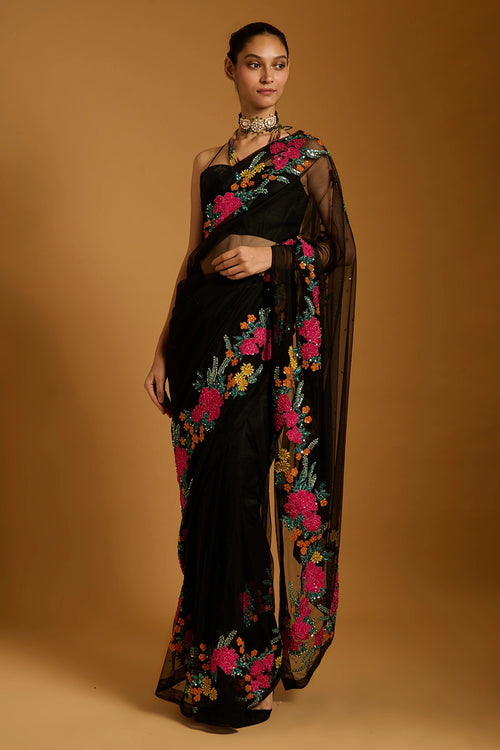 Trifecta Black Floral Vine Saree